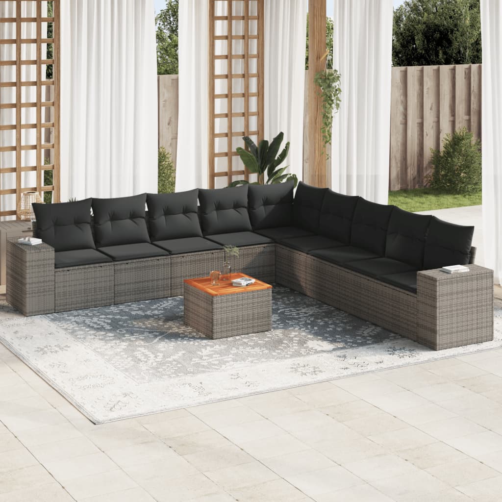 10-delige Loungeset met kussens poly rattan grijs – afbeelding 1