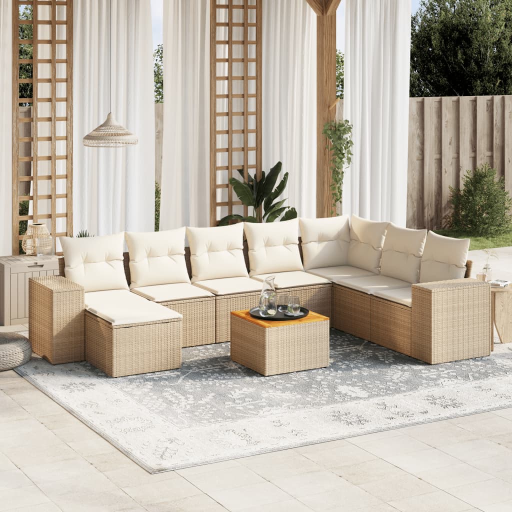 9-delige Loungeset met kussens poly rattan beige – afbeelding 1