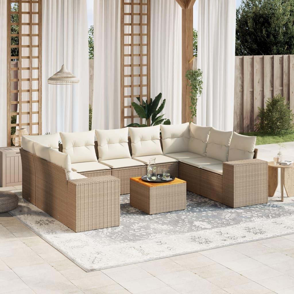 10-delige Loungeset met kussens poly rattan beige – afbeelding 1
