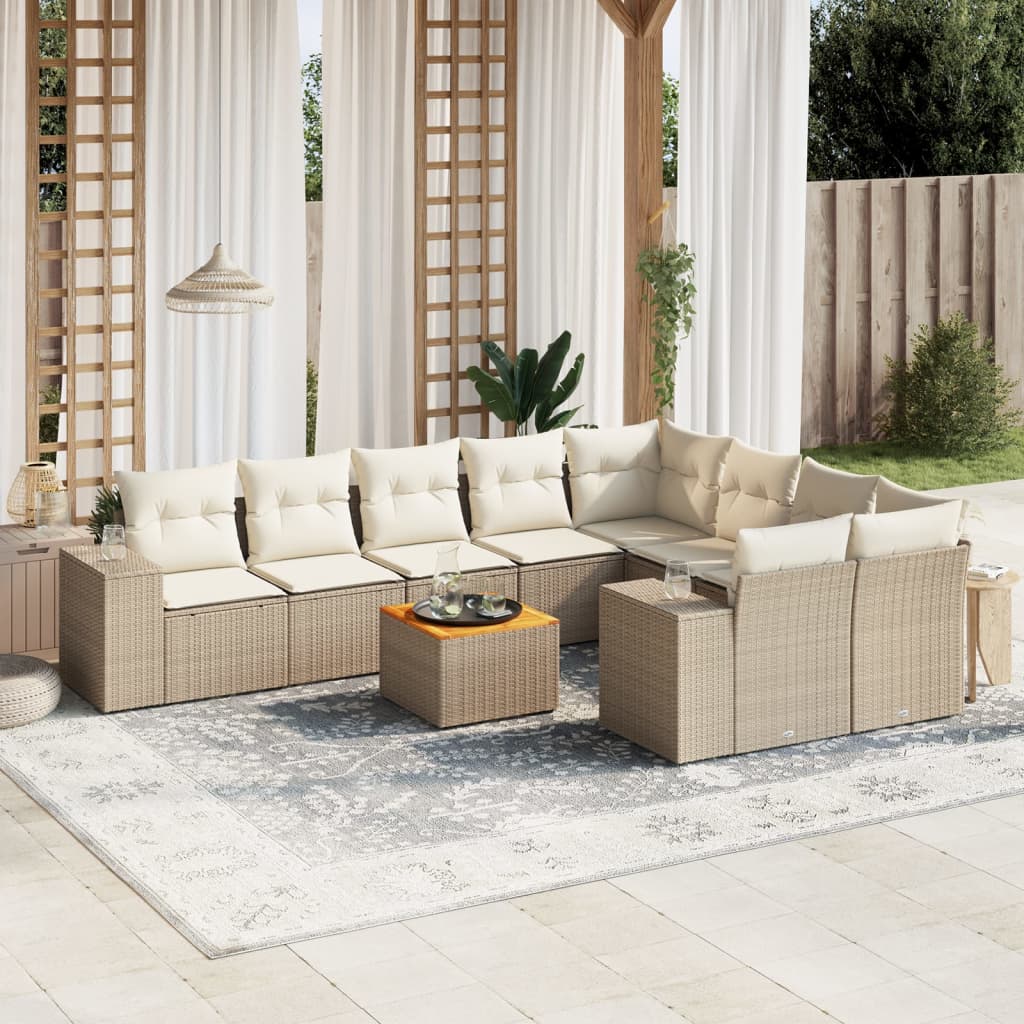 10-delige Loungeset met kussens poly rattan beige – afbeelding 1