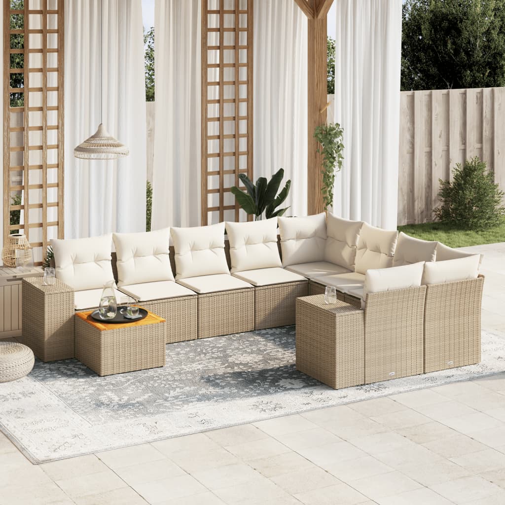 10-delige Loungeset met kussens poly rattan beige – afbeelding 1