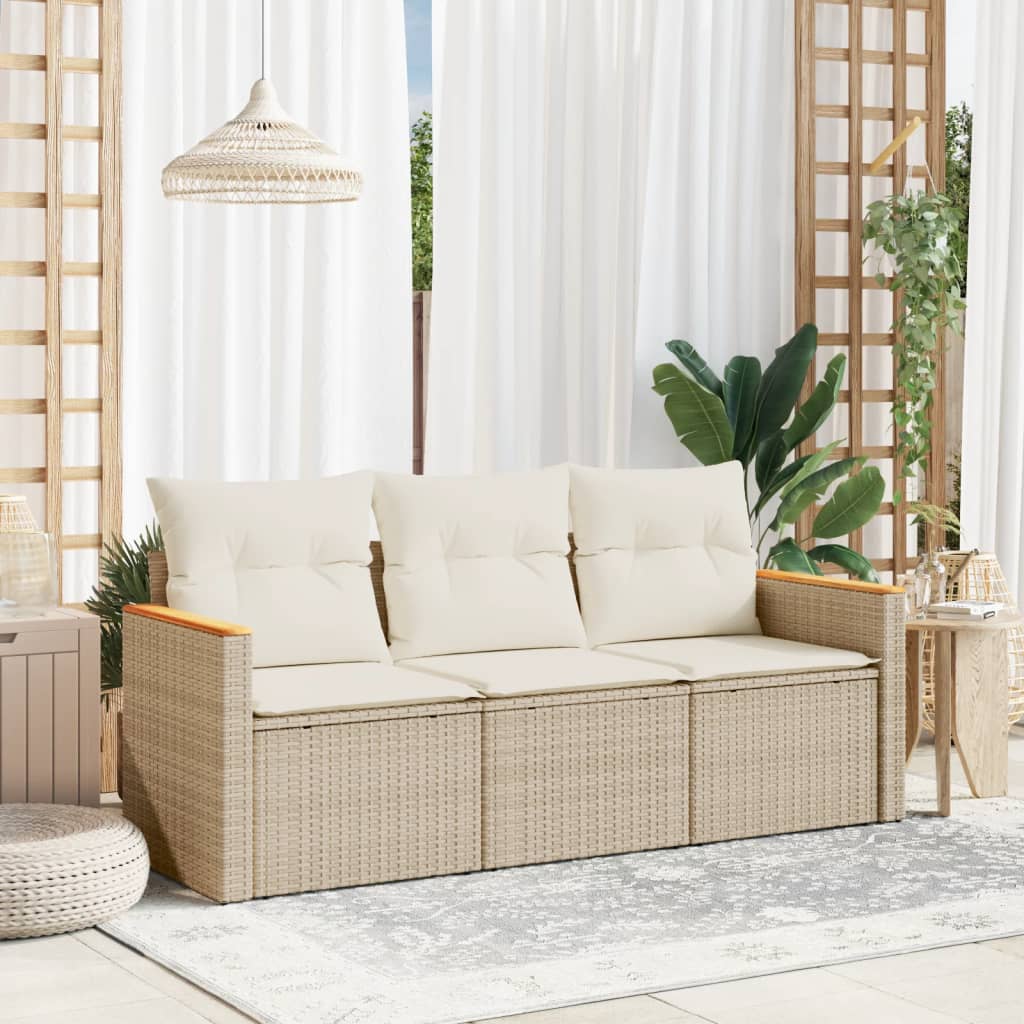 3-delige Loungeset met kussens poly rattan beige – afbeelding 1