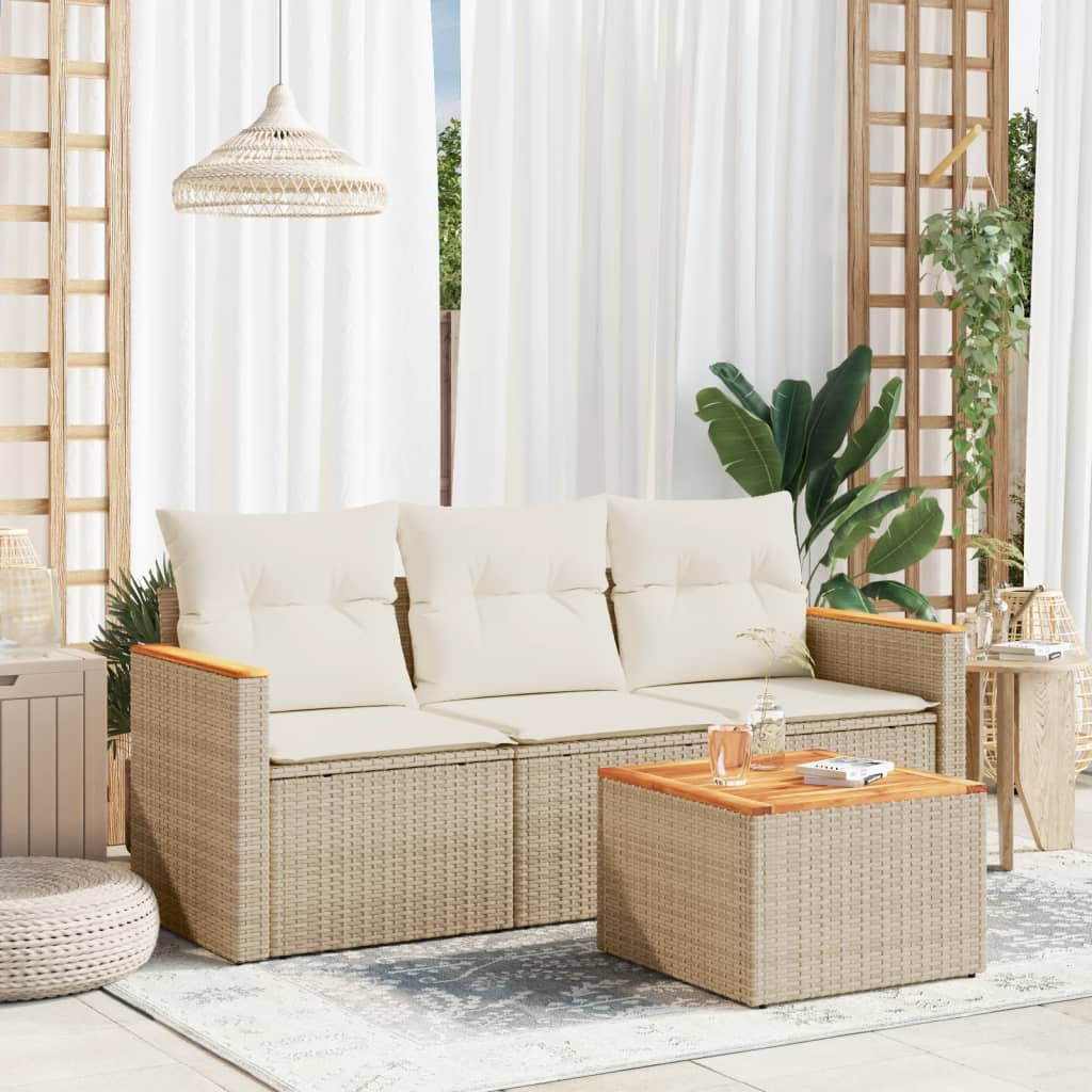 4-delige Loungeset met kussens poly rattan beige – afbeelding 1
