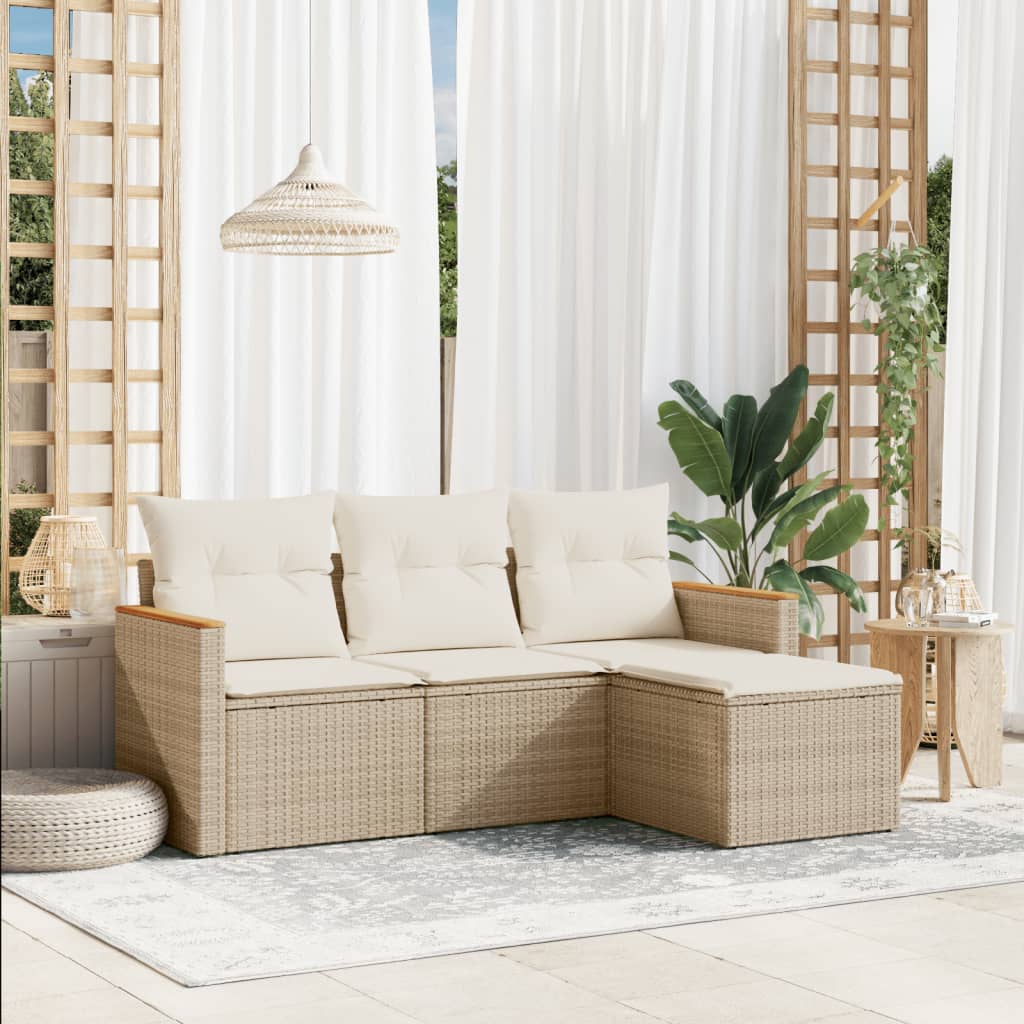4-delige Loungeset met kussens poly rattan beige – afbeelding 1