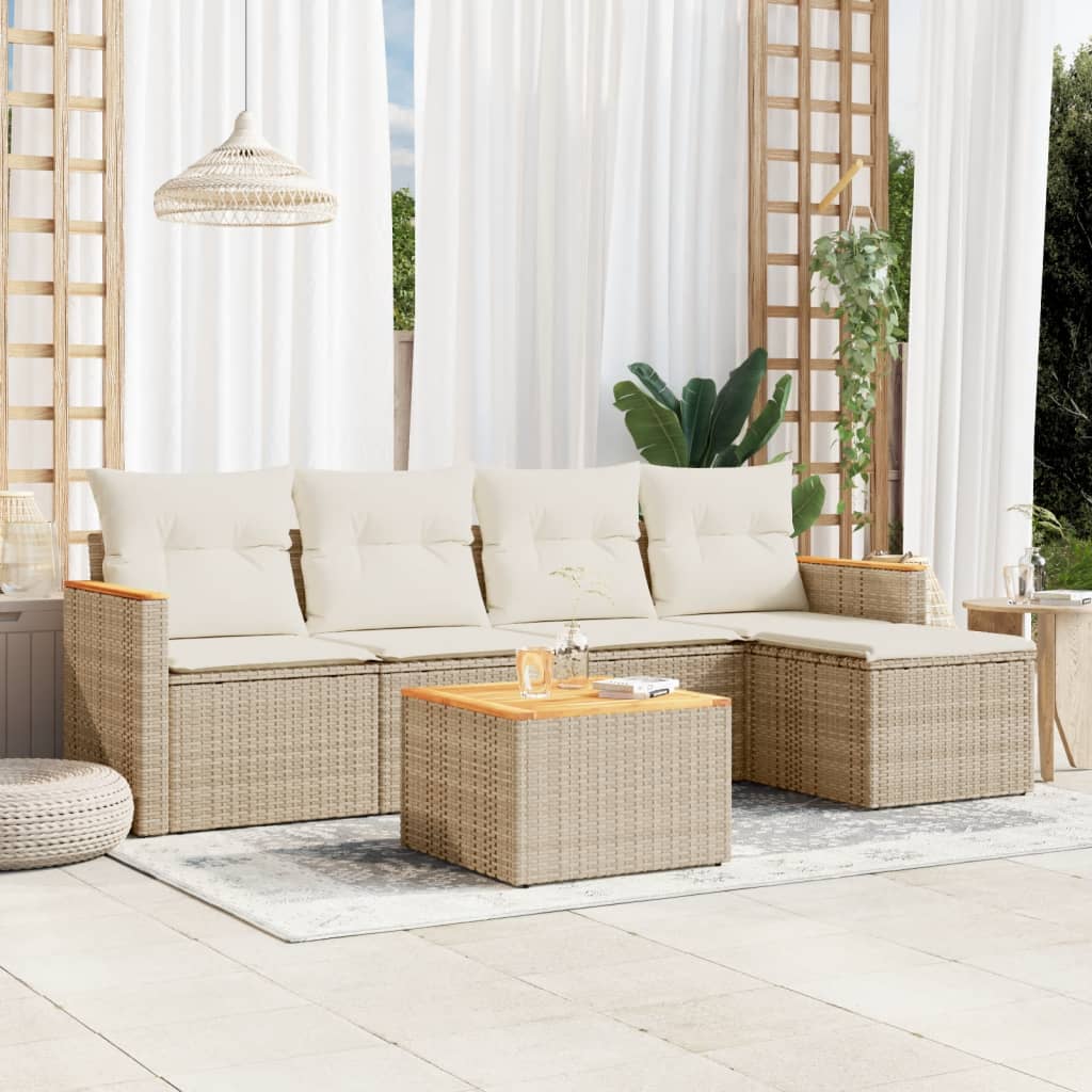 6-delige Loungeset met kussens poly rattan beige – afbeelding 1