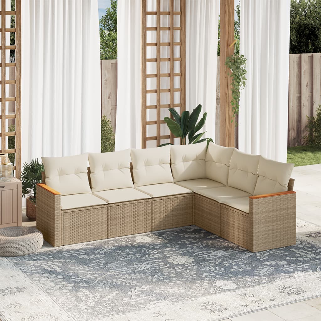 6-delige Loungeset met kussens poly rattan beige – afbeelding 1