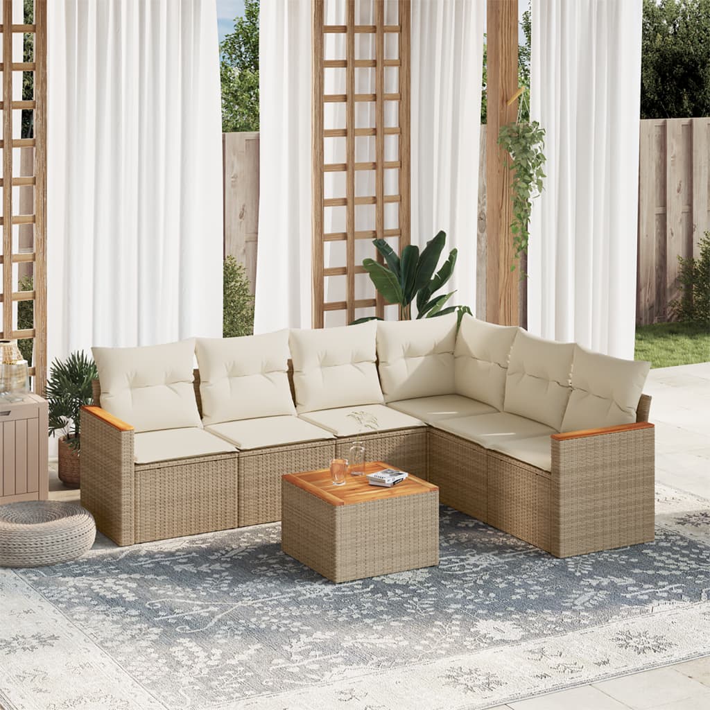 7-delige Loungeset met kussens poly rattan beige – afbeelding 1
