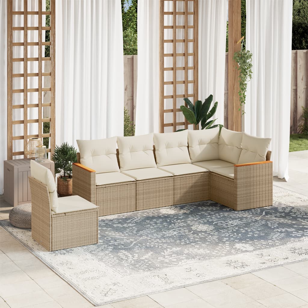 6-delige Loungeset met kussens poly rattan beige – afbeelding 1