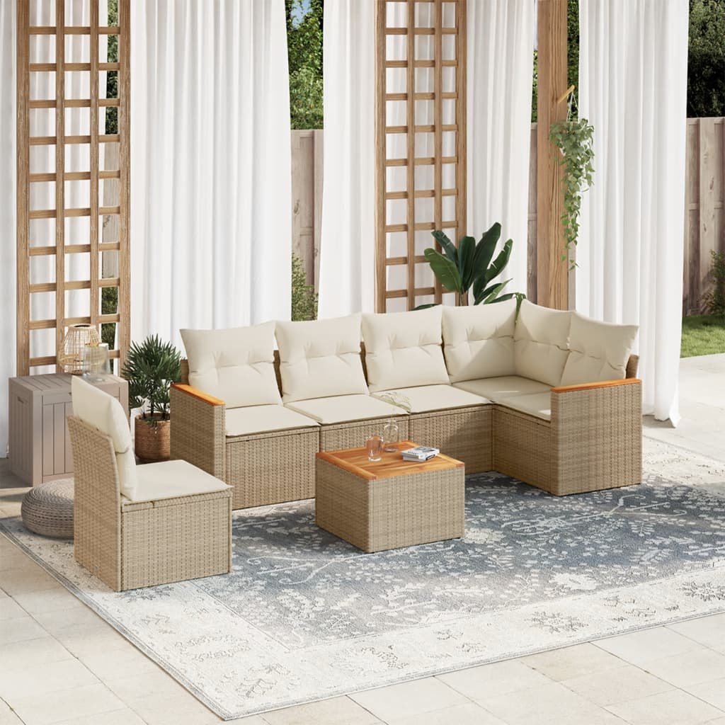 7-delige Loungeset met kussens poly rattan beige – afbeelding 1