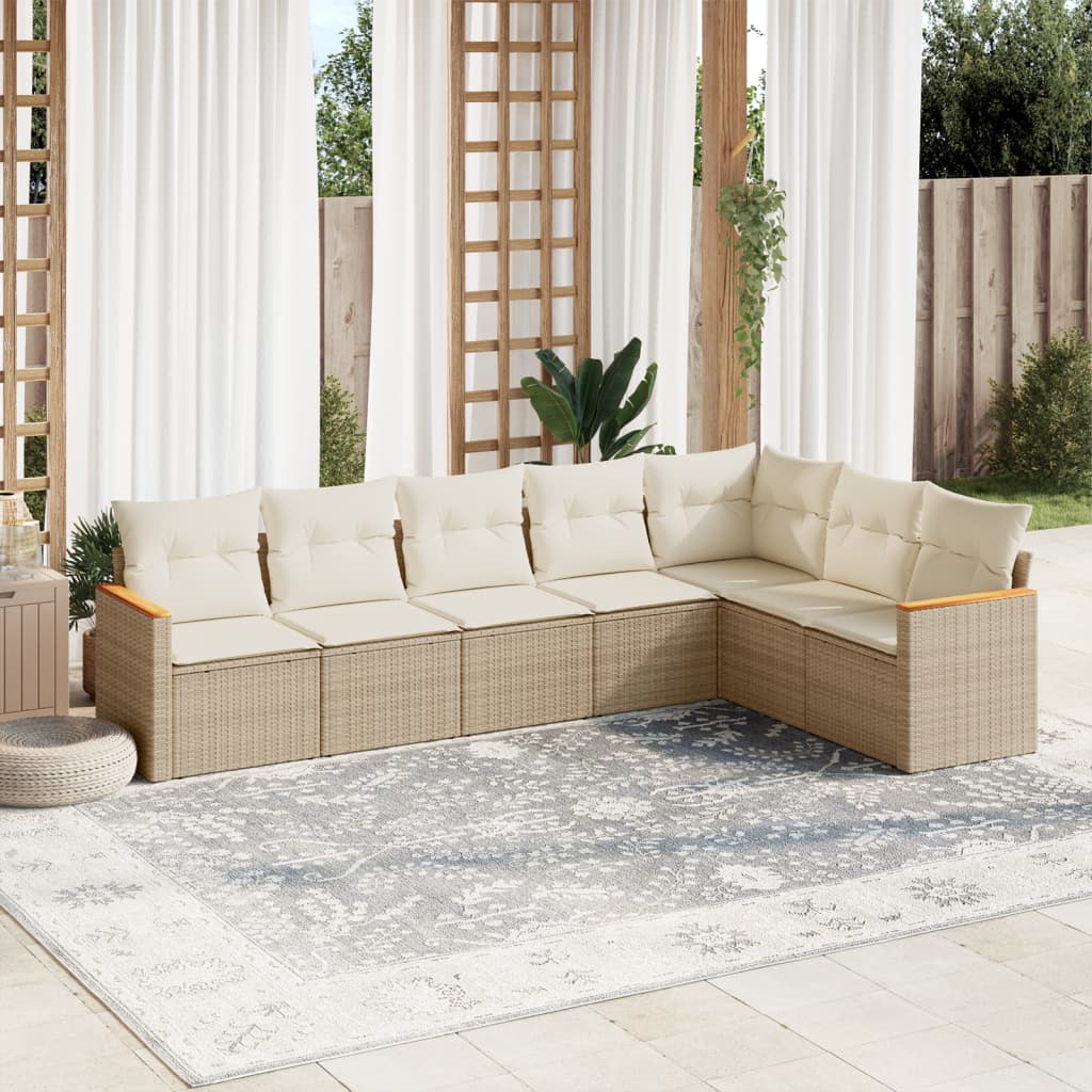 7-delige Loungeset met kussens poly rattan beige – afbeelding 1