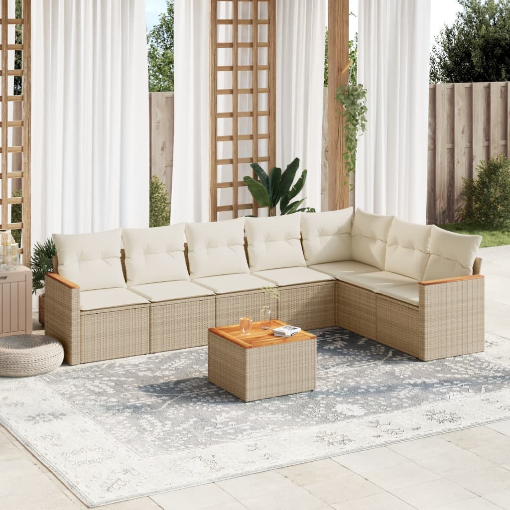 8-delige Loungeset met kussens poly rattan beige – afbeelding 1