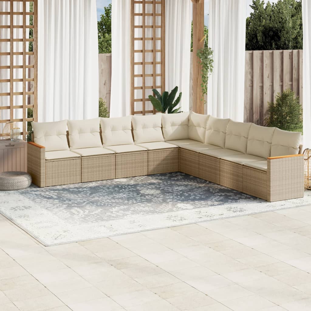 9-delige Loungeset met kussens poly rattan beige – afbeelding 1