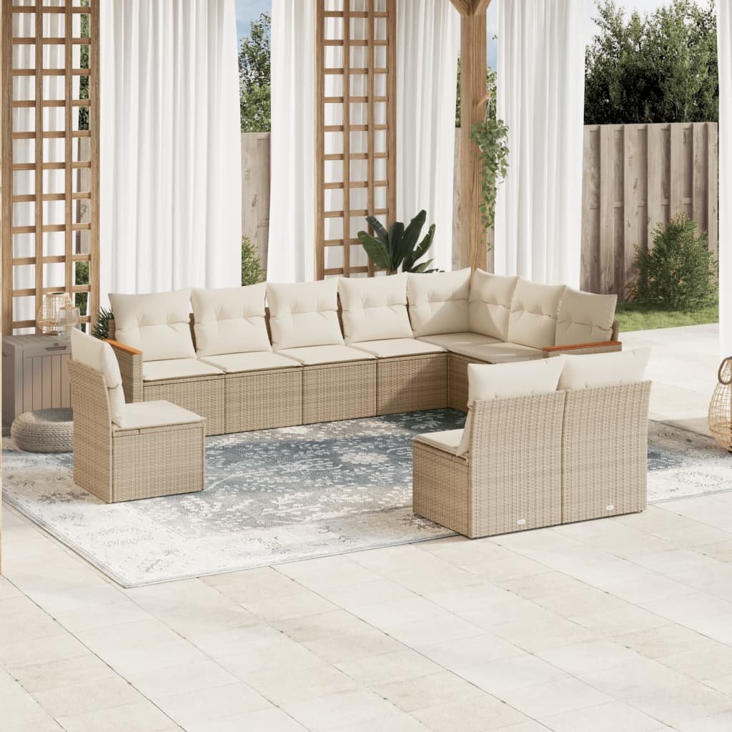 10-delige Loungeset met kussens poly rattan beige – afbeelding 1