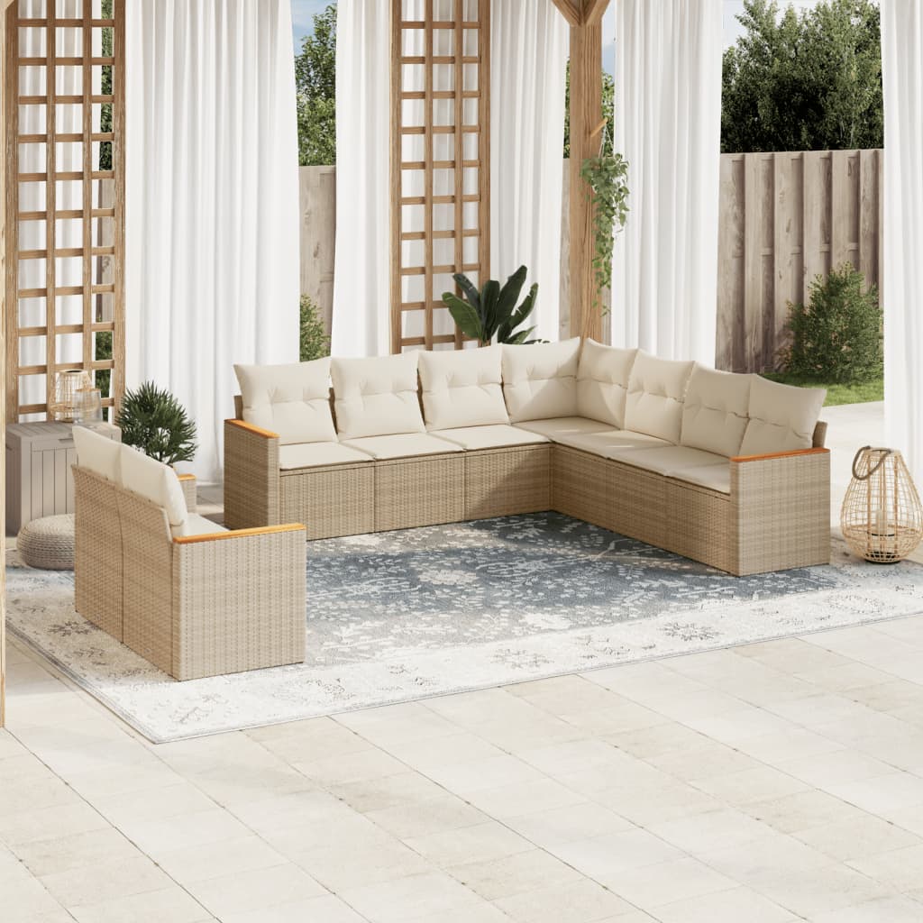 9-delige Loungeset met kussens poly rattan beige – afbeelding 1