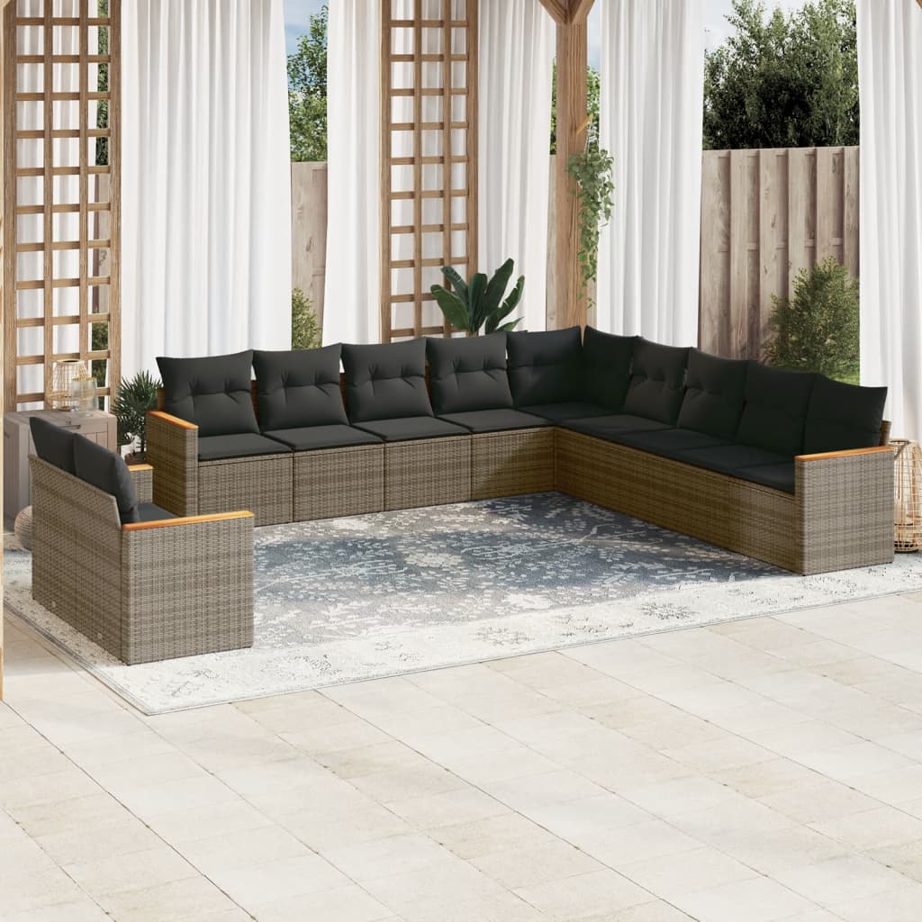 11-delige Loungeset met kussens poly rattan grijs