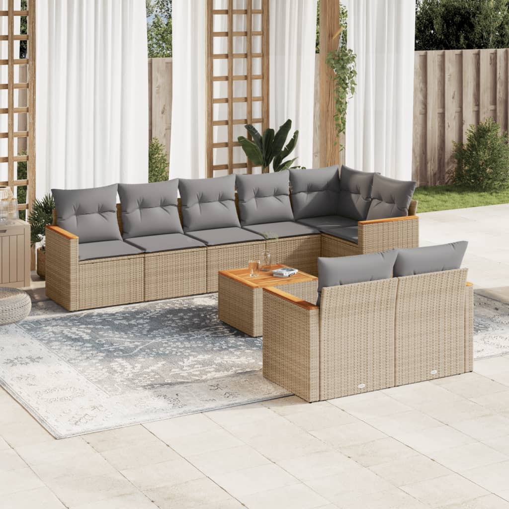 9-delige Loungeset met kussens poly rattan beige – afbeelding 1