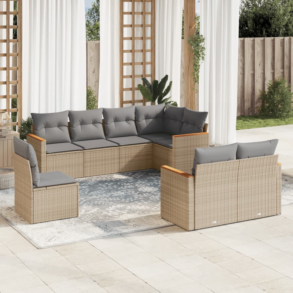 8-delige Loungeset met kussens poly rattan beige – afbeelding 1