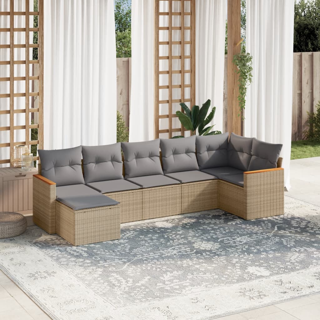 7-delige Loungeset met kussens poly rattan beige – afbeelding 1