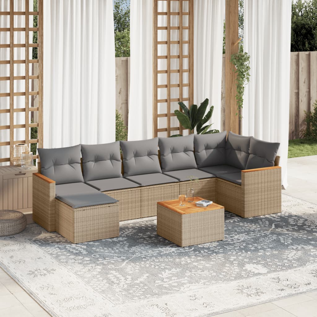 8-delige Loungeset met kussens poly rattan beige – afbeelding 1