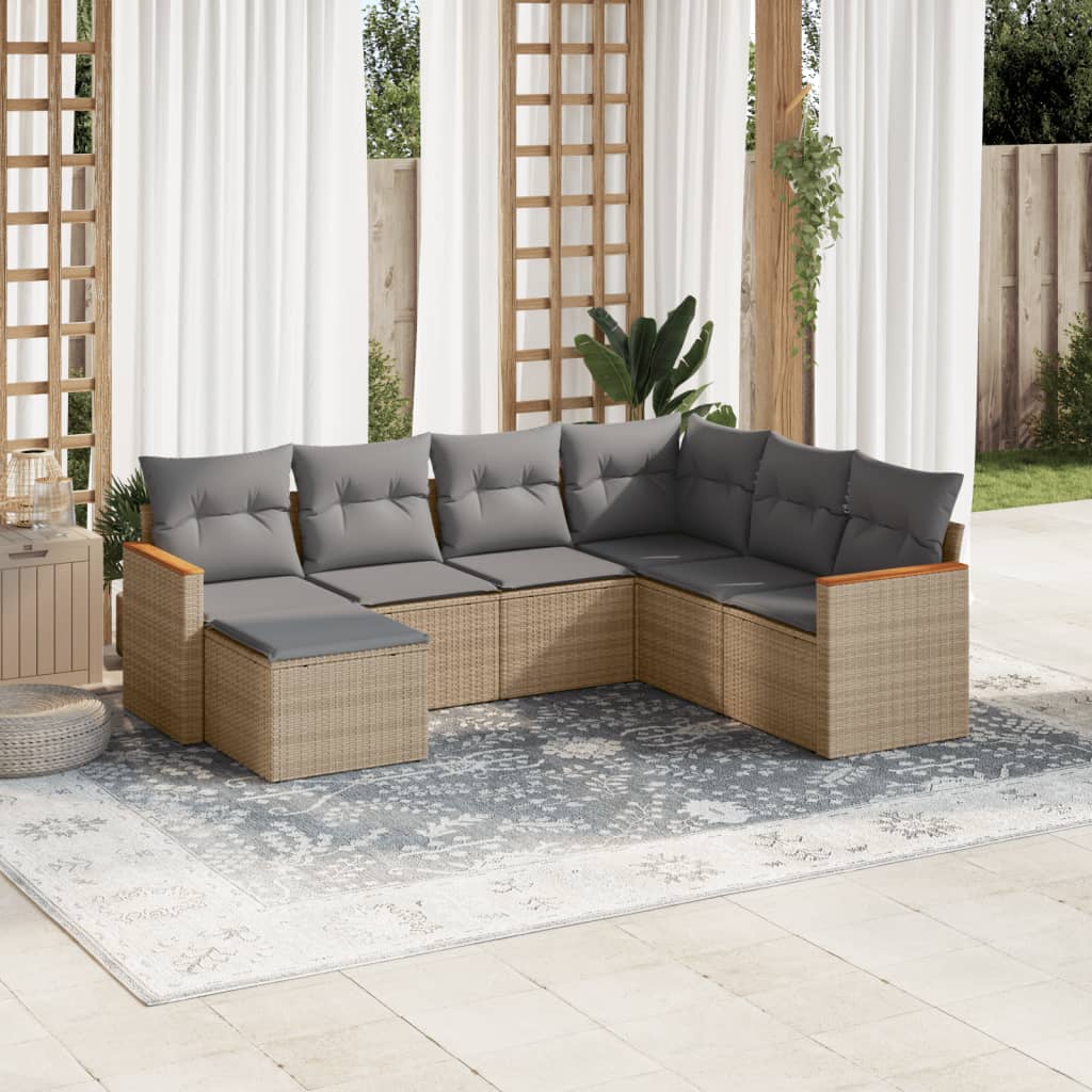 7-delige Loungeset met kussens poly rattan beige – afbeelding 1