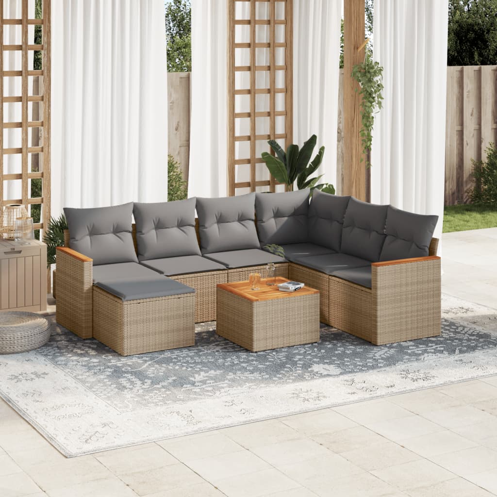 8-delige Loungeset met kussens poly rattan beige – afbeelding 1