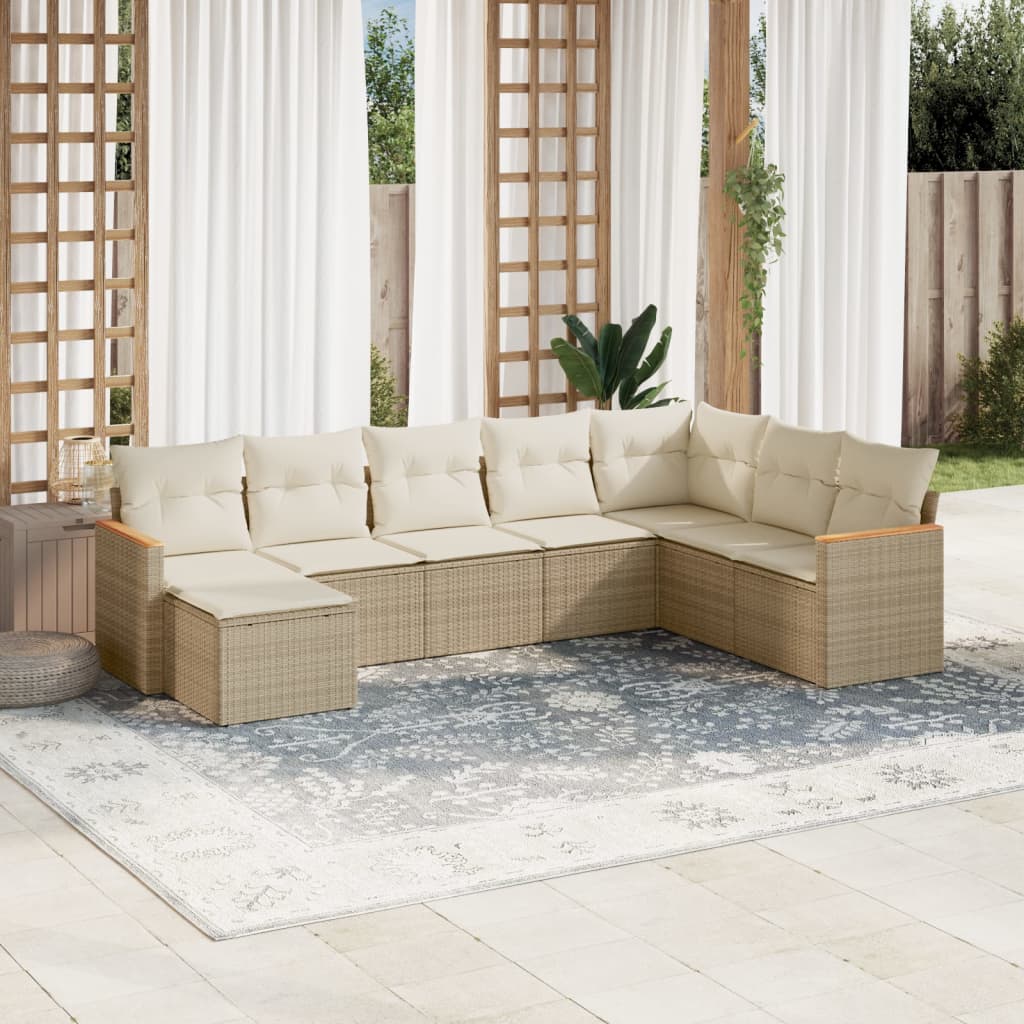8-delige Loungeset met kussens poly rattan beige – afbeelding 1