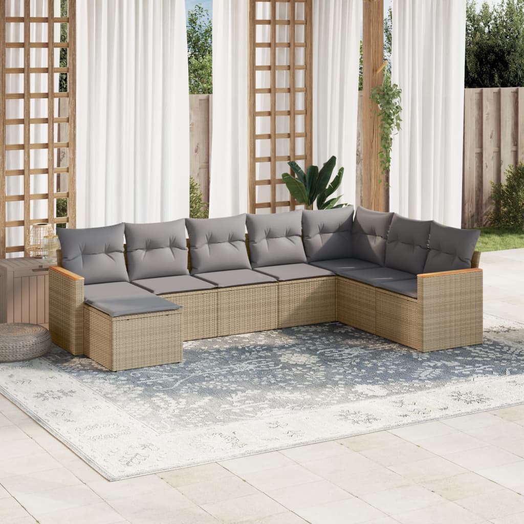 8-delige Loungeset met kussens poly rattan beige – afbeelding 1