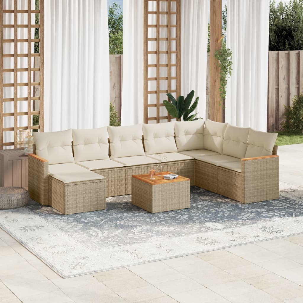 9-delige Loungeset met kussens poly rattan beige – afbeelding 1