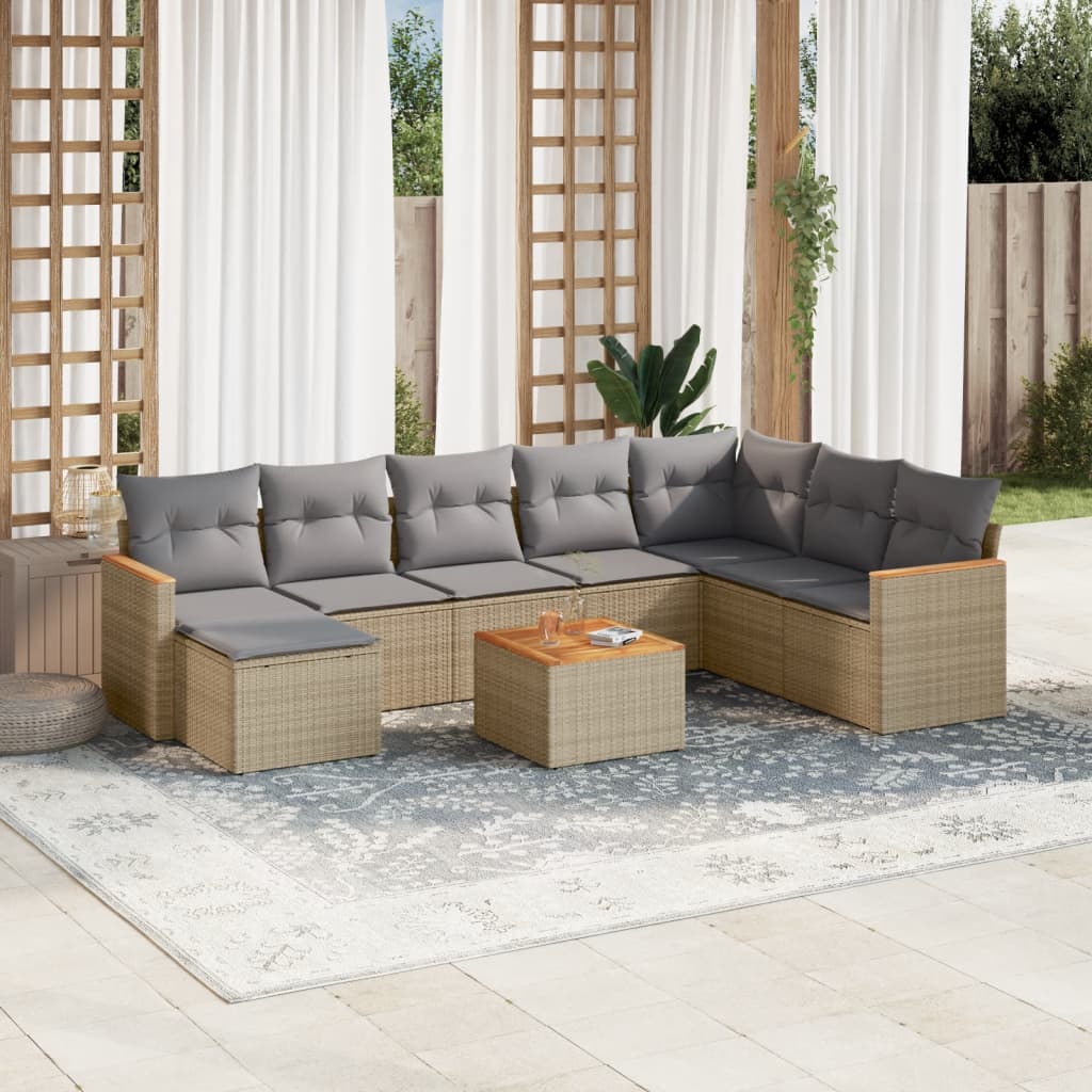 9-delige Loungeset met kussens poly rattan beige – afbeelding 1