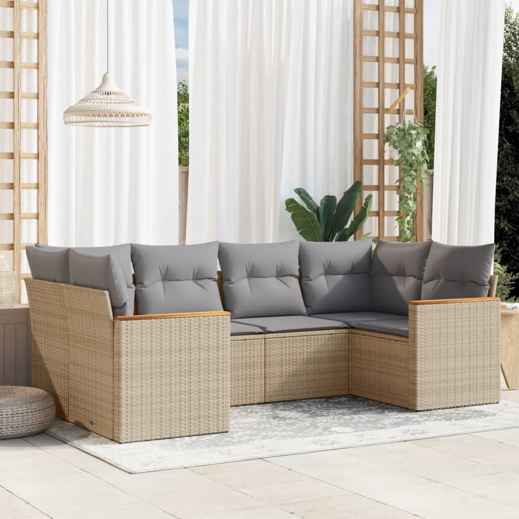 6-delige Loungeset met kussens poly rattan beige – afbeelding 1