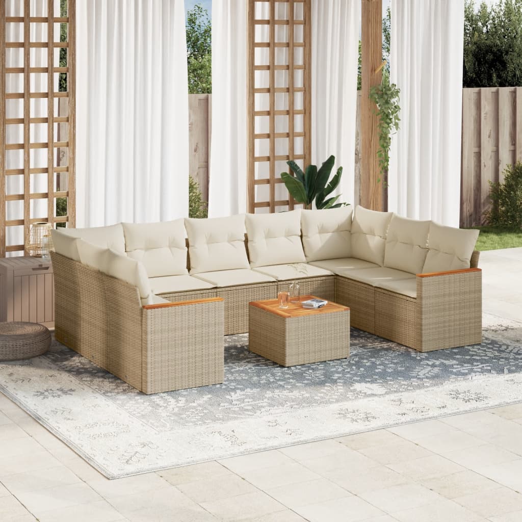 10-delige Loungeset met kussens poly rattan beige – afbeelding 1