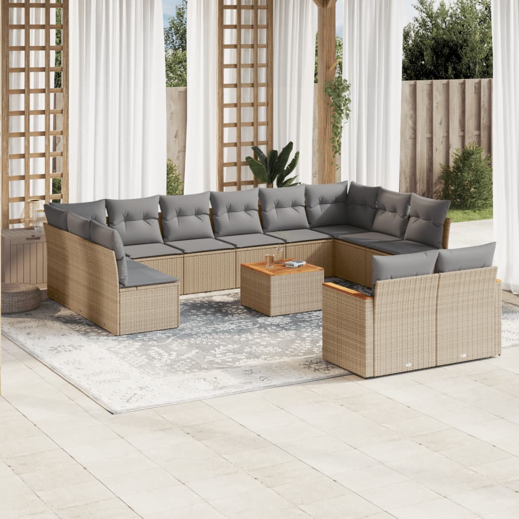 13-delige Loungeset met kussens poly rattan beige – afbeelding 1