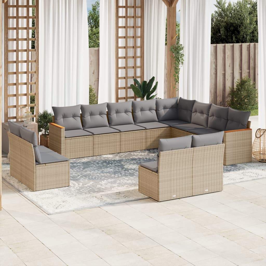 12-delige Loungeset met kussens poly rattan beige – afbeelding 1