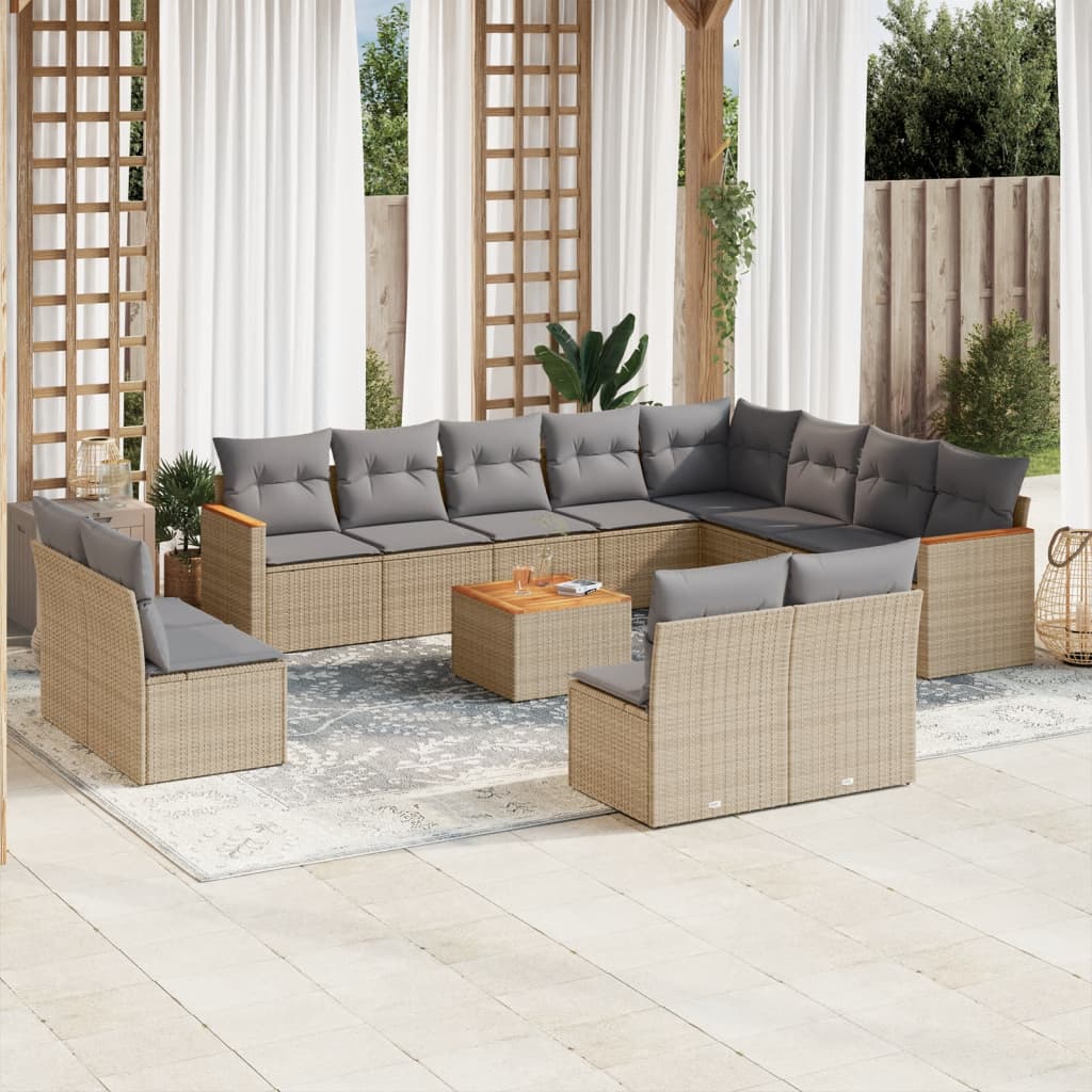 13-delige Loungeset met kussens poly rattan beige – afbeelding 1