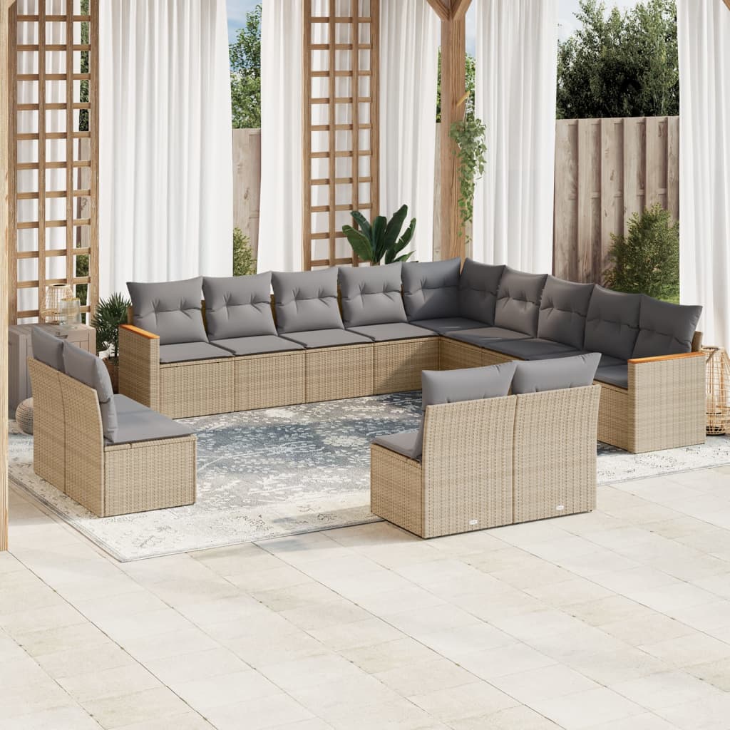 13-delige Loungeset met kussens poly rattan beige – afbeelding 1