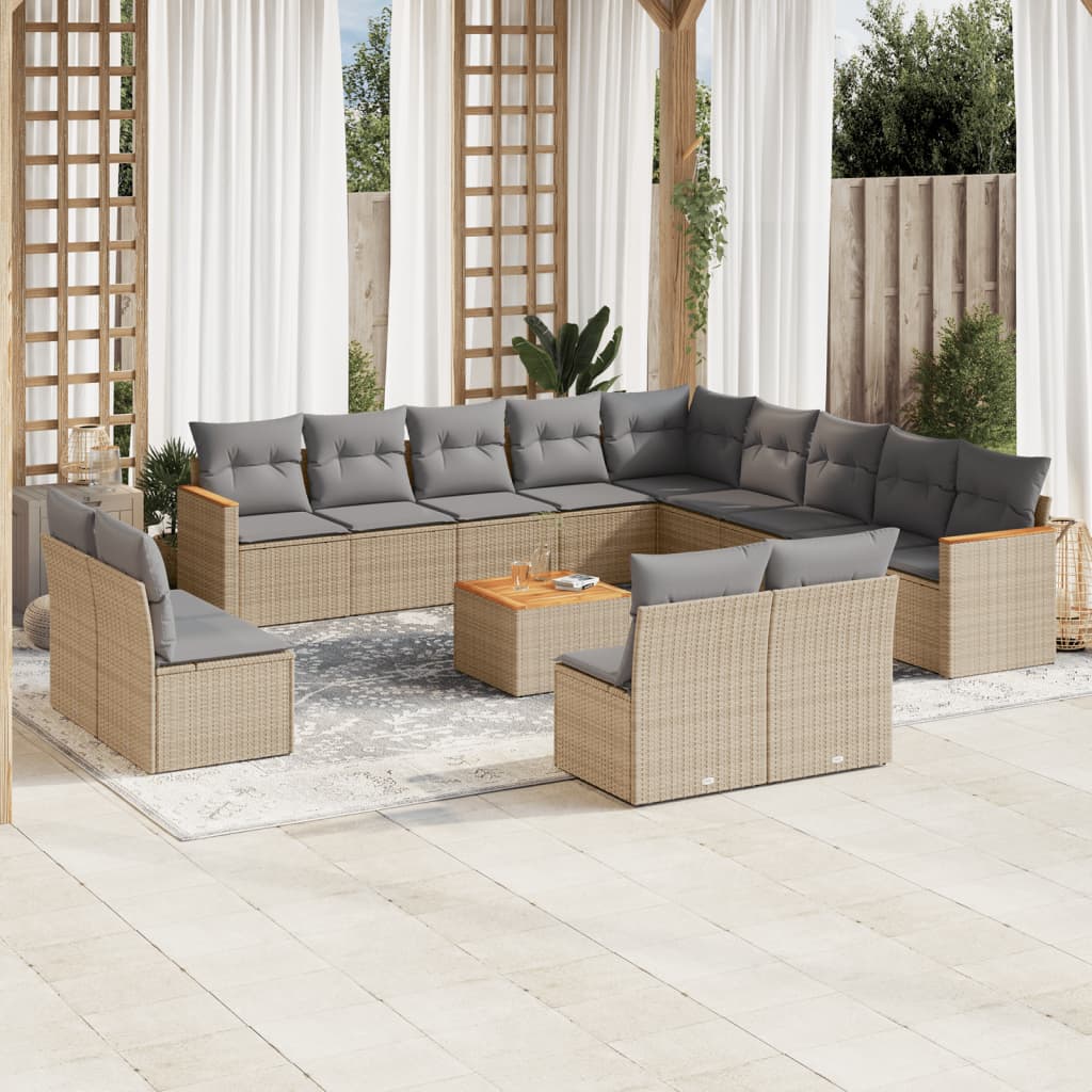 14-delige Loungeset met kussens poly rattan beige – afbeelding 1