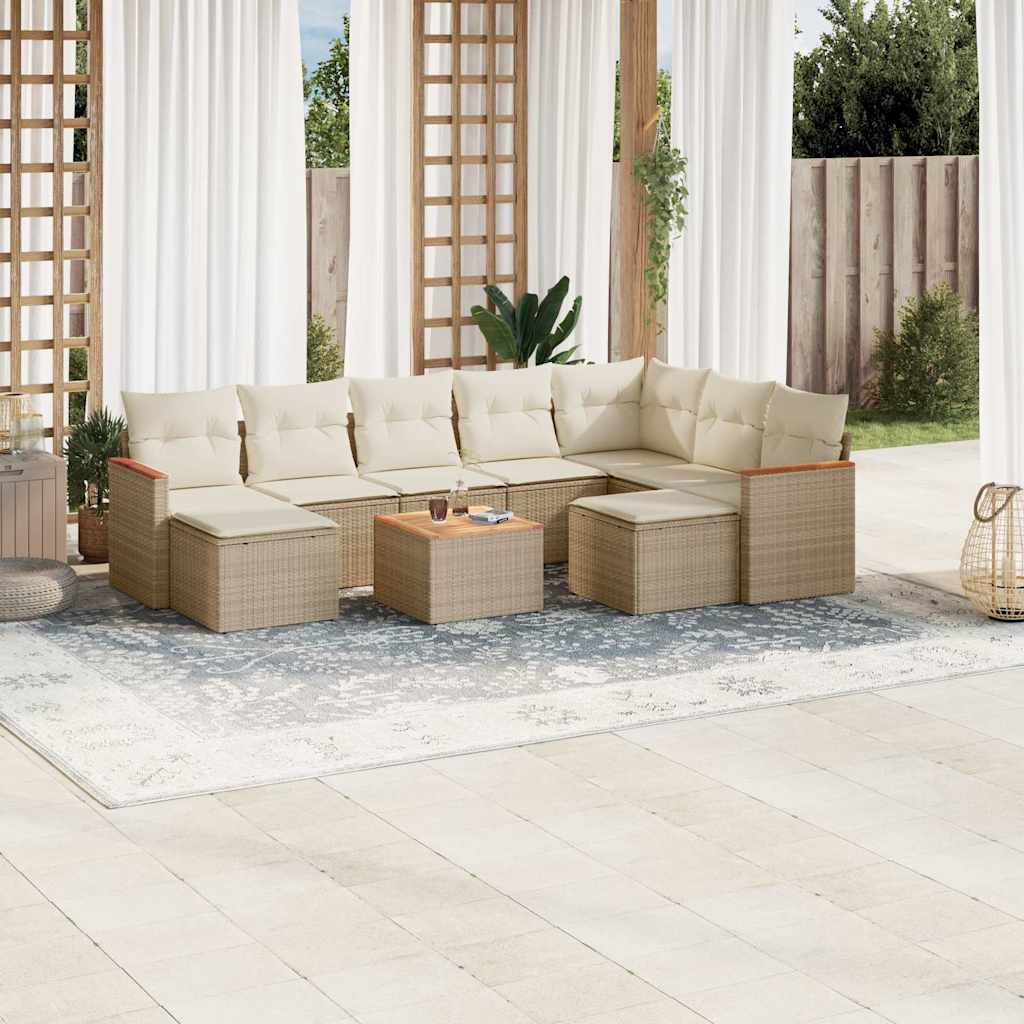 10-delige Loungeset met kussens poly rattan beige – afbeelding 1