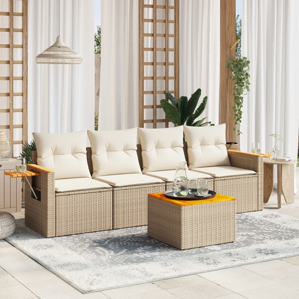 5-delige Loungeset met kussens poly rattan beige – afbeelding 1