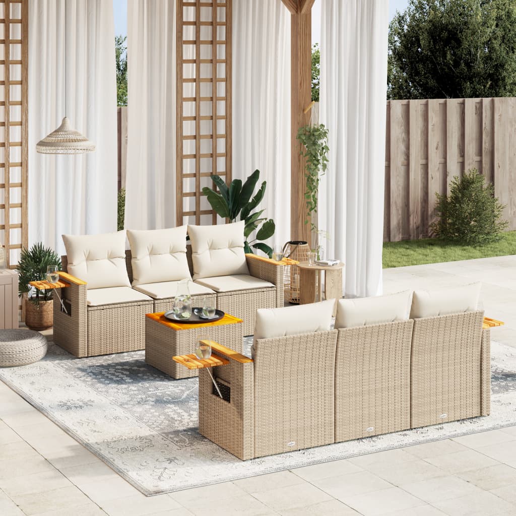 7-delige Loungeset met kussens poly rattan beige – afbeelding 1