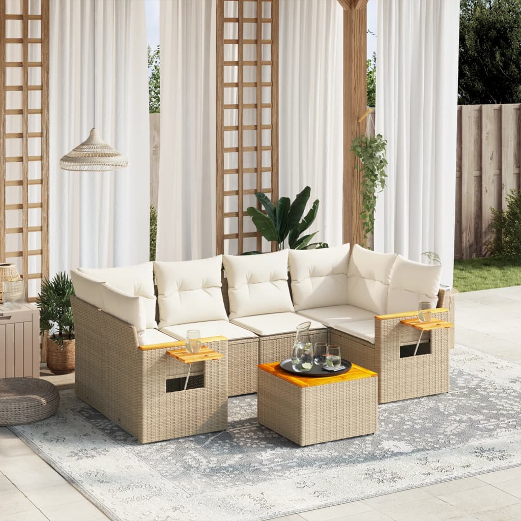 7-delige Loungeset met kussens poly rattan beige – afbeelding 1