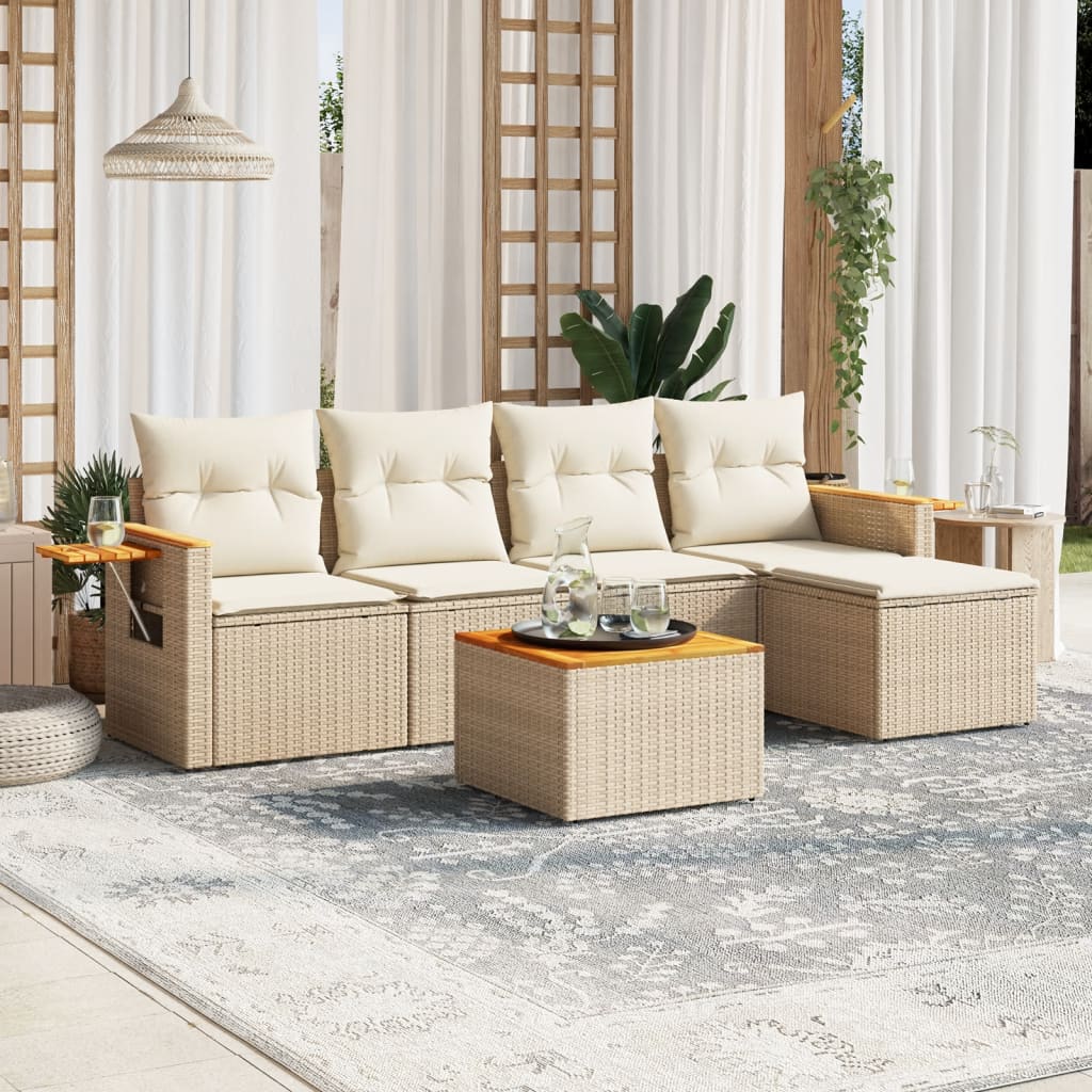 6-delige Loungeset met kussens poly rattan beige – afbeelding 1