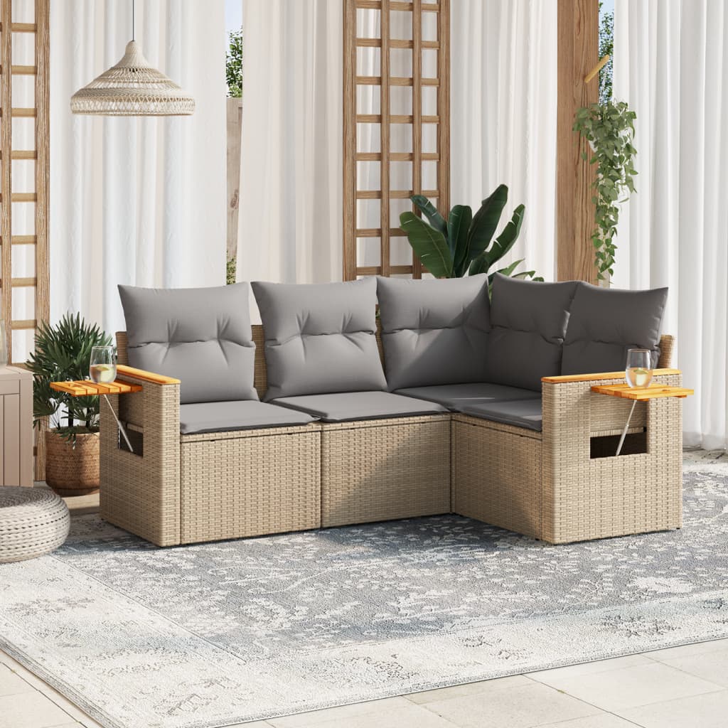 4-delige Loungeset met kussens poly rattan beige – afbeelding 1