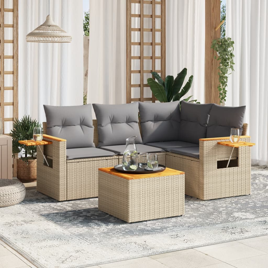 5-delige Loungeset met kussens poly rattan beige – afbeelding 1