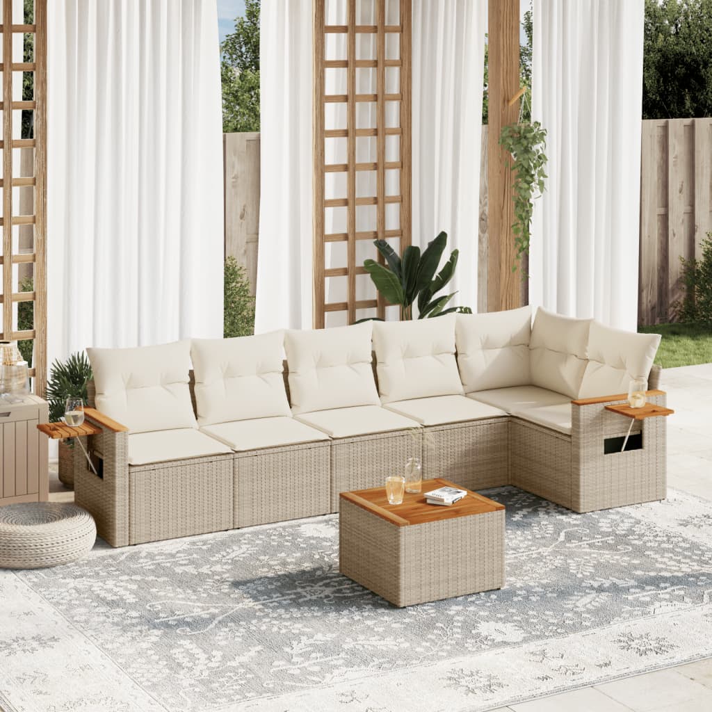 7-delige Loungeset met kussens poly rattan beige – afbeelding 1
