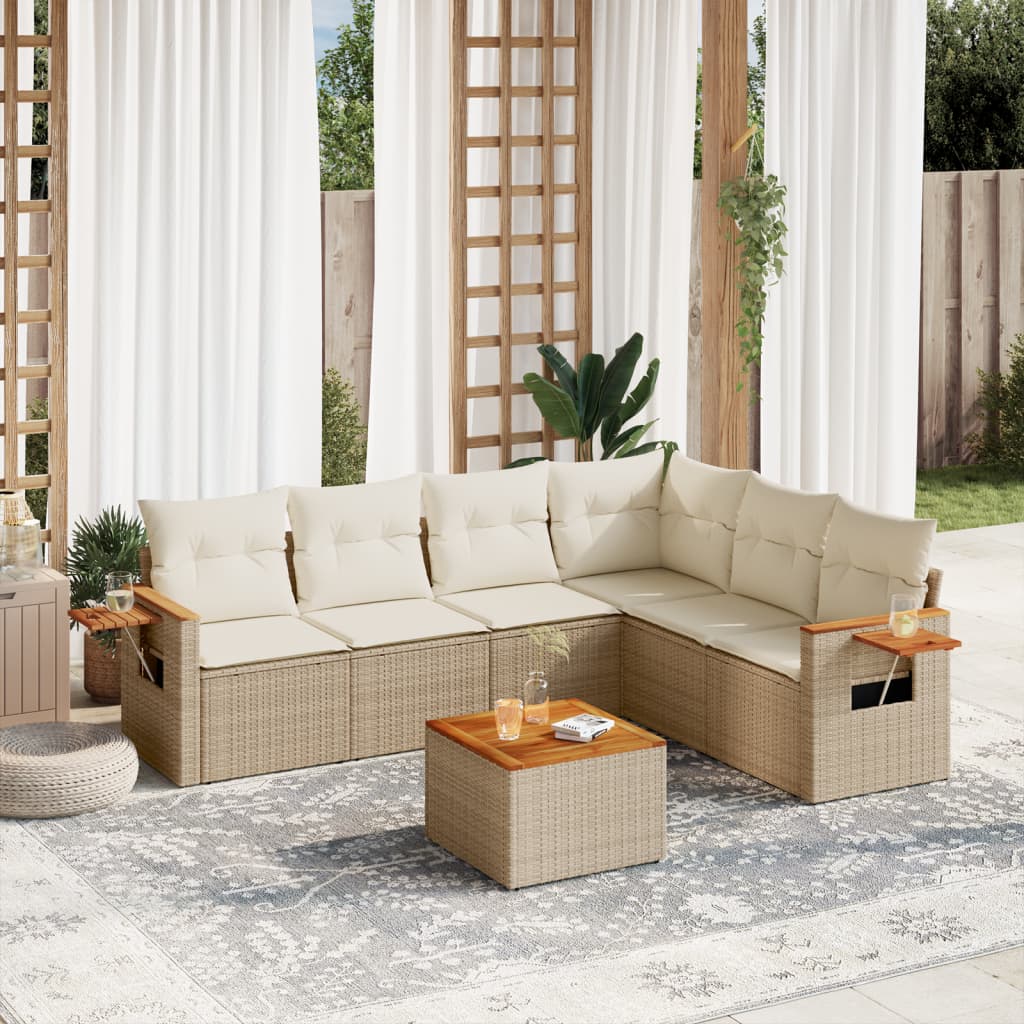 7-delige Loungeset met kussens poly rattan beige – afbeelding 1
