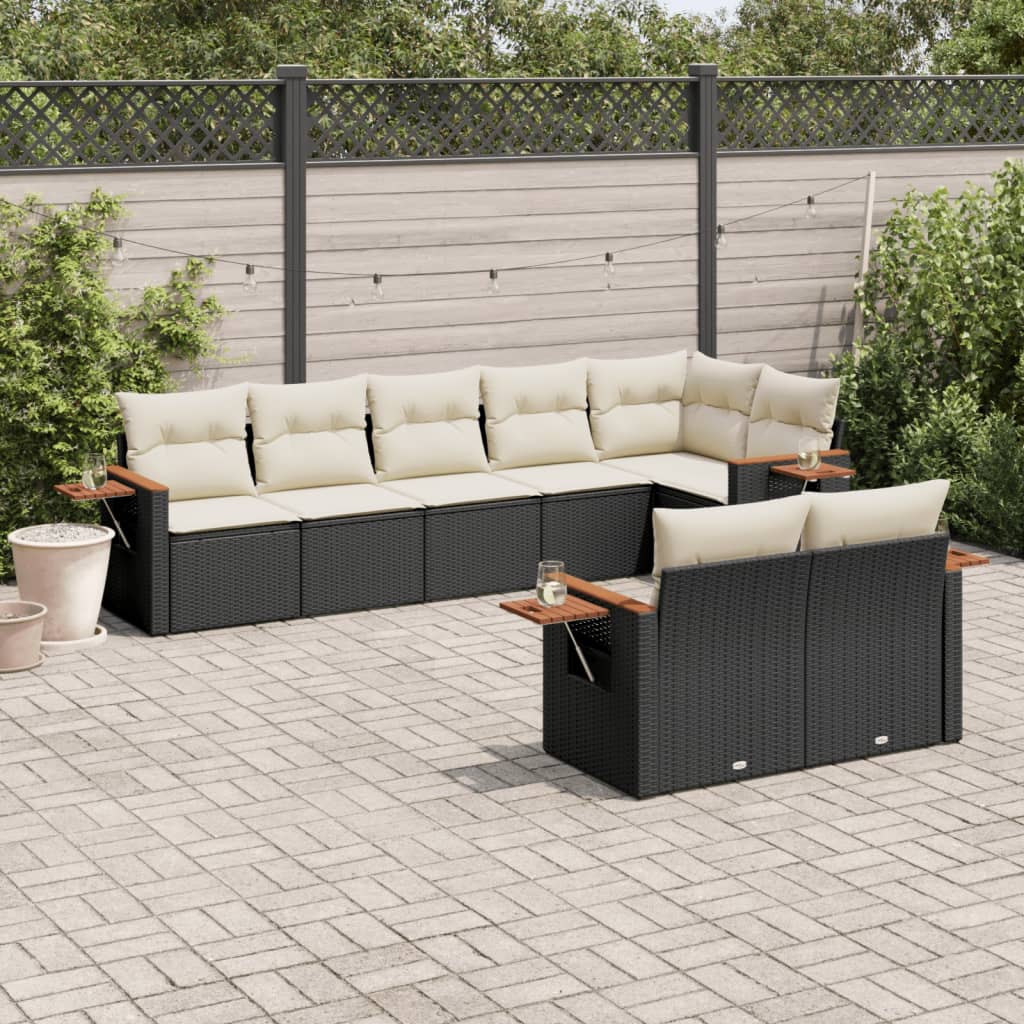 8-delige Loungeset met kussens poly rattan zwart – afbeelding 1