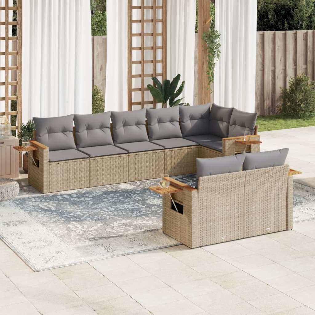 8-delige Loungeset met kussens poly rattan beige – afbeelding 1