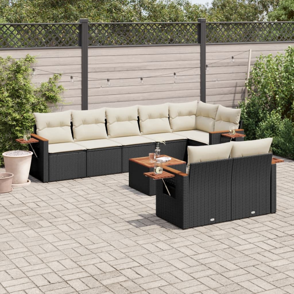9-delige Loungeset met kussens poly rattan zwart – afbeelding 1