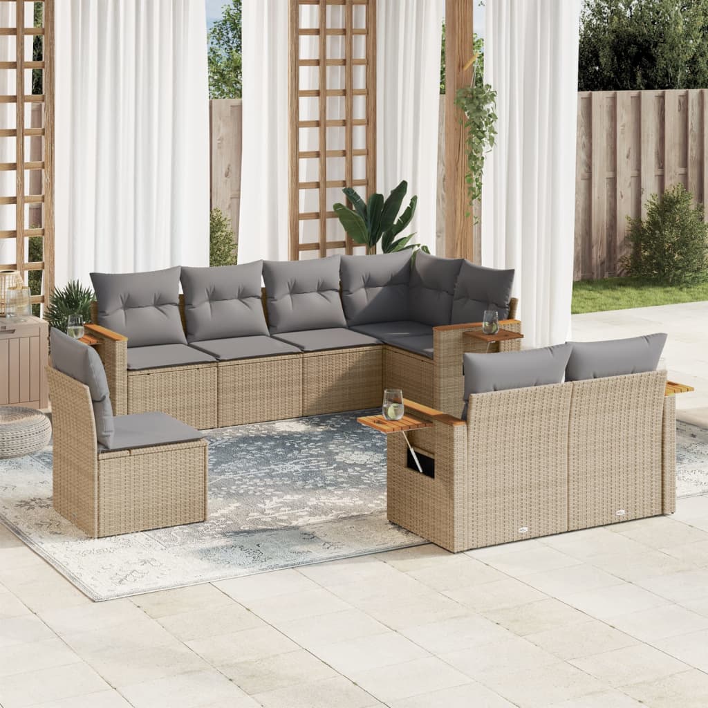 8-delige Loungeset met kussens poly rattan beige – afbeelding 1