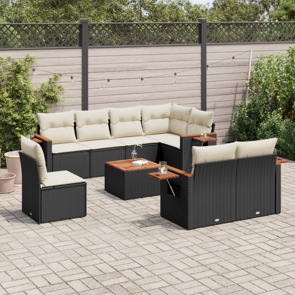 9-delige Loungeset met kussens poly rattan zwart – afbeelding 1